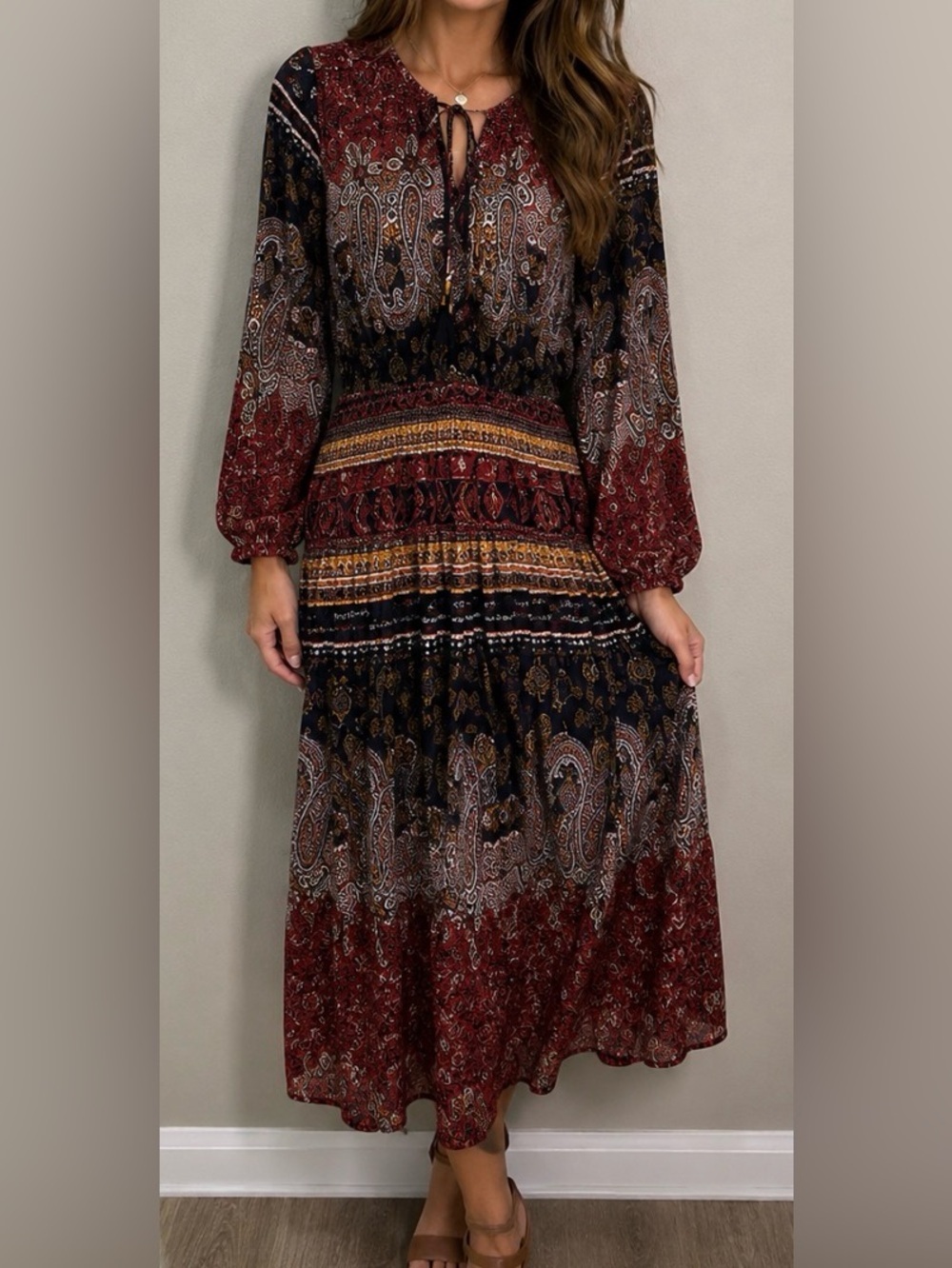 Fig & Flower Anthropologie Dress Sheer Boho Paisley Bishop Maxi Fall Rust Brown - Picture 1 of 16